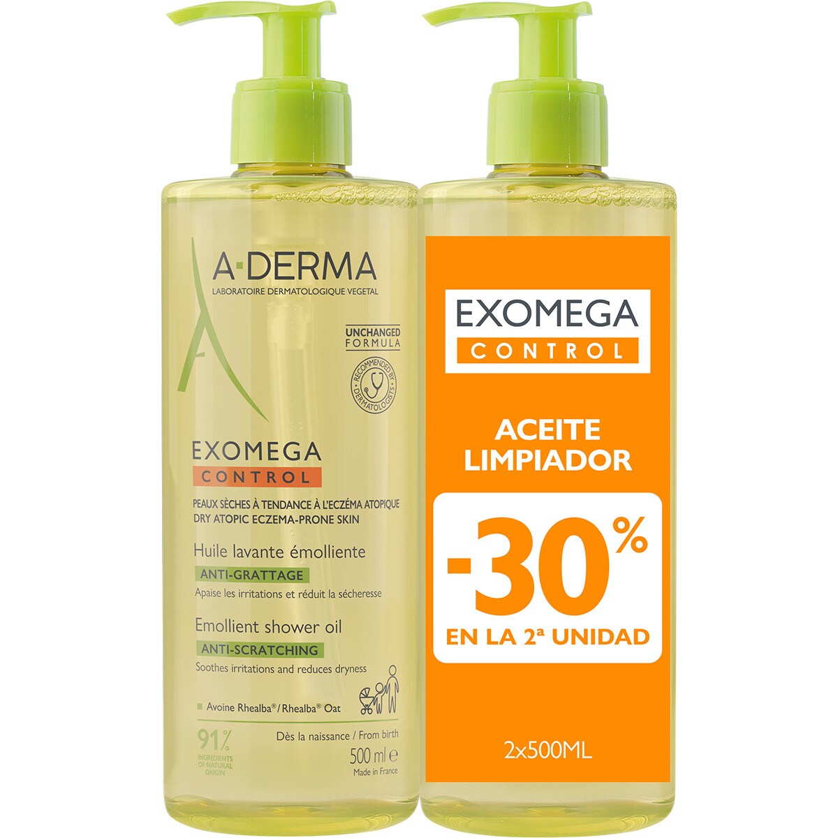 A-DERMA EXOMEGA CONTROL emollient shower oil pack 2 x 500 ml