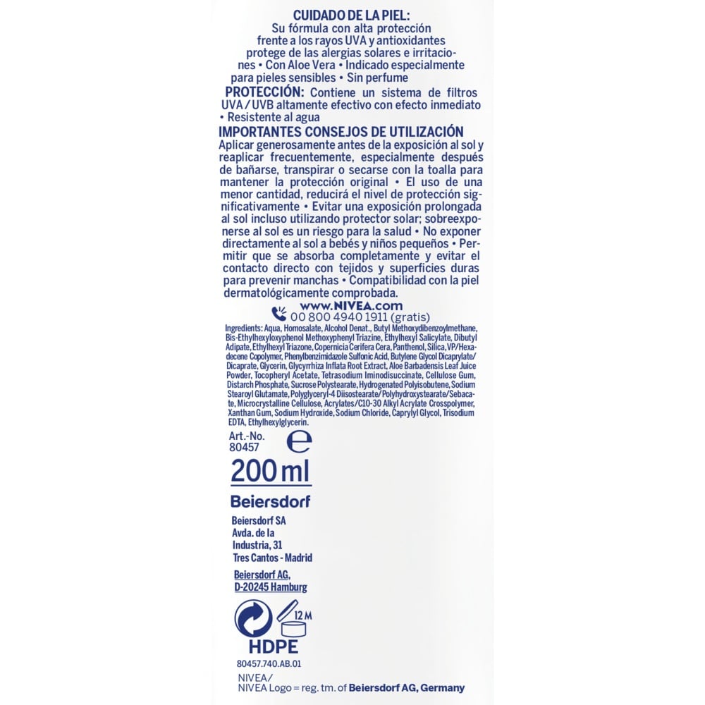 NIVEA SUN LAIT SOLAIRE ANTI-ALLERGIES Peaux Sensibles SPF50+ 200 ml