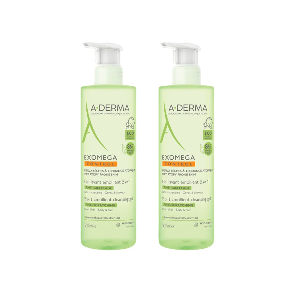 A-DERMA EXOMEGA CONTROL emollient gel 2in1 pack 2 x 500 ml