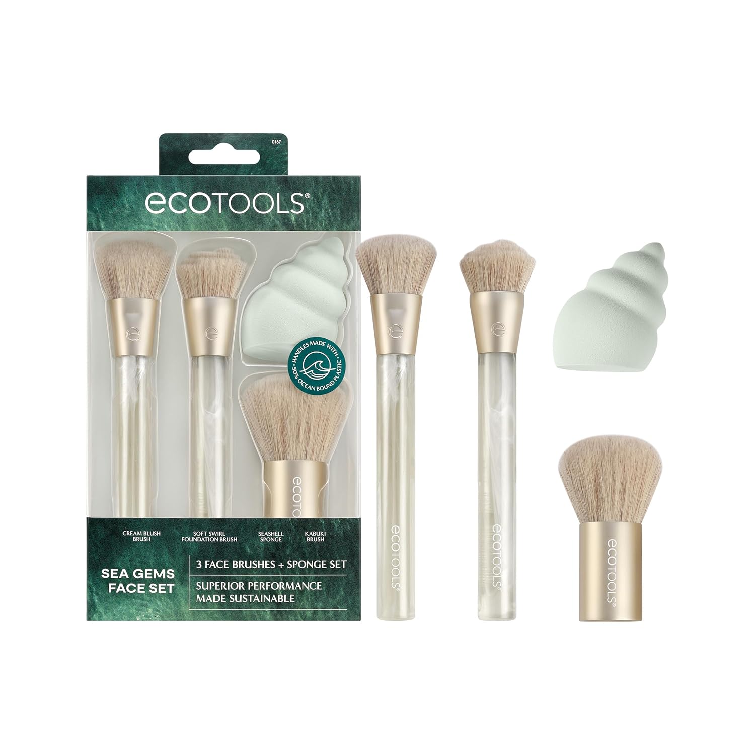 SET DI PENNELLI DA TRUCCO + SPUGNA SEA GEMS DI ECOTOOLS (4 pezzi)