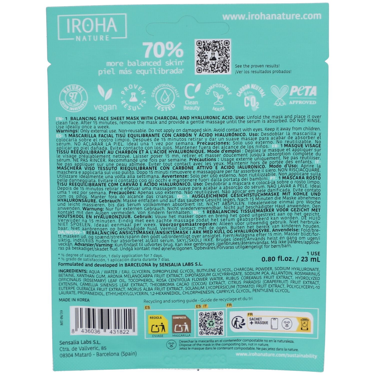 IROHA DETOX CHARCOAL BLACK maschera viso in tessuto 1 uso 1 ud