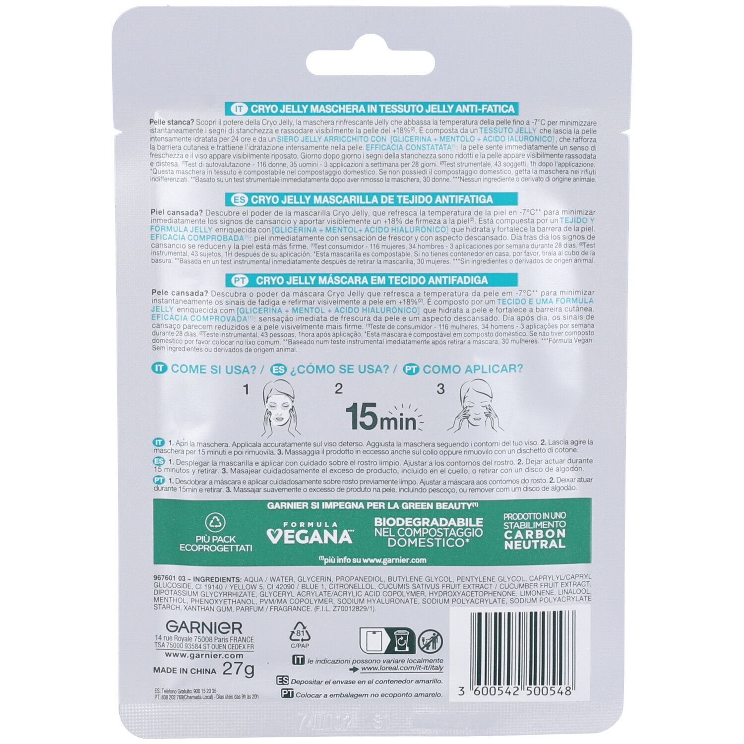 GARNIER SKINACTIVE Maschera Antifatica CryoJelly con Acido Ialuronico, Effetto Ghiaccio, per Pelle Stanca, 5 g