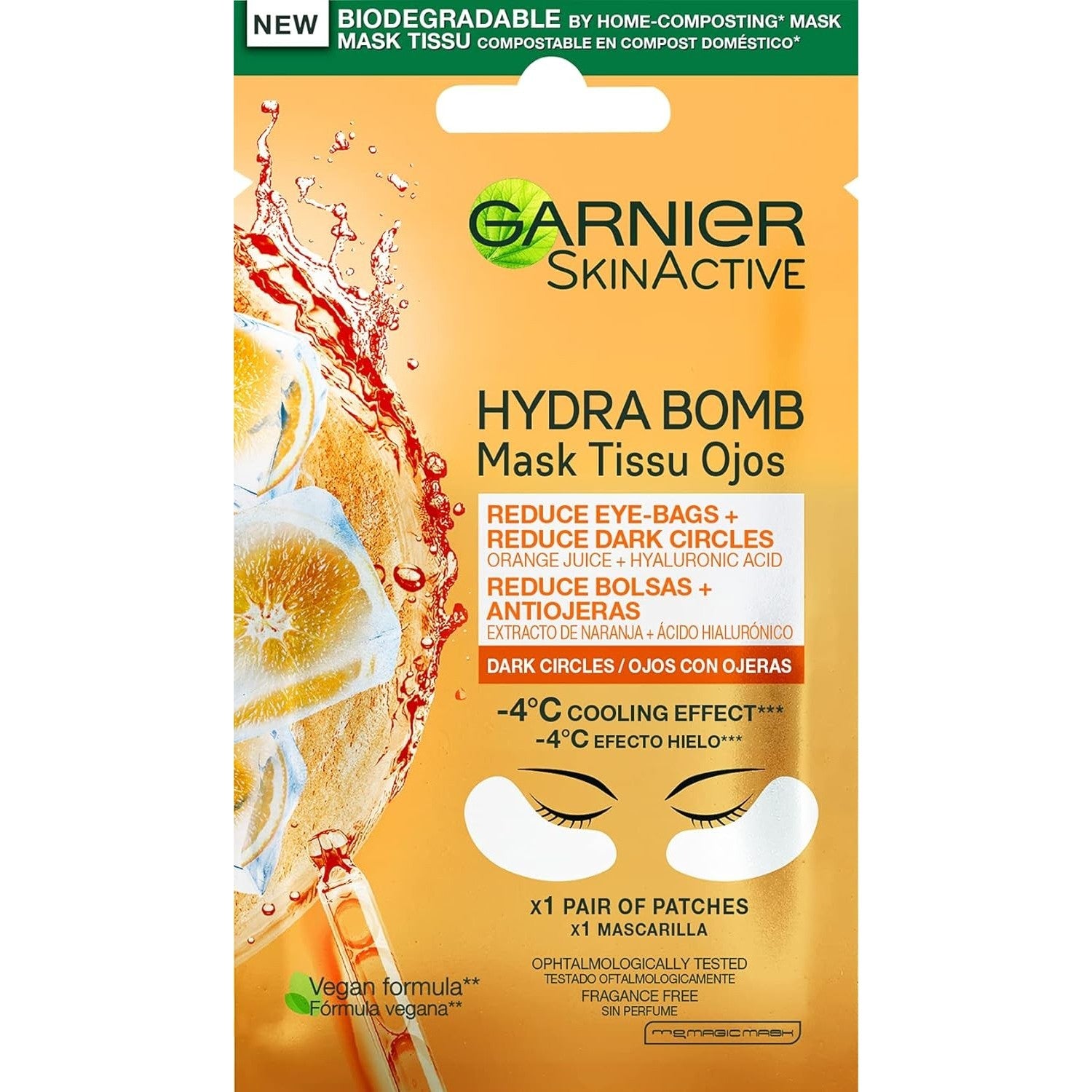 GARNIER SKINACTIVE maschera occhi anti-fatica con estratto di arancia e acido ialuronico x 2 patch