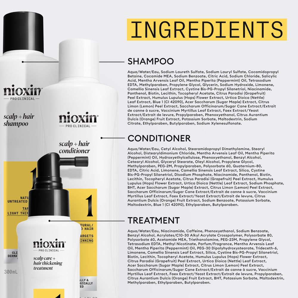 NIOXIN SYSTEM 1 – Kit - Traitement pour cheveux naturels clairsemés 3 unités
